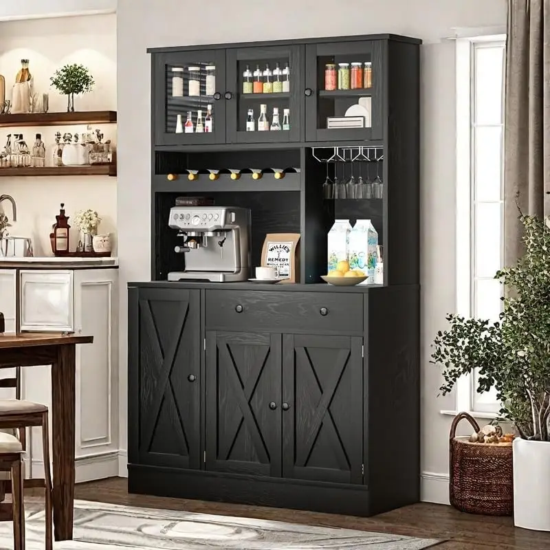 Kitchen Pantry Cabinet with Drawer & Doors, 71''H Tall Kitchen Cabinet with Power Outlet, Buffet Cabinet with Goblet Holder & Wi