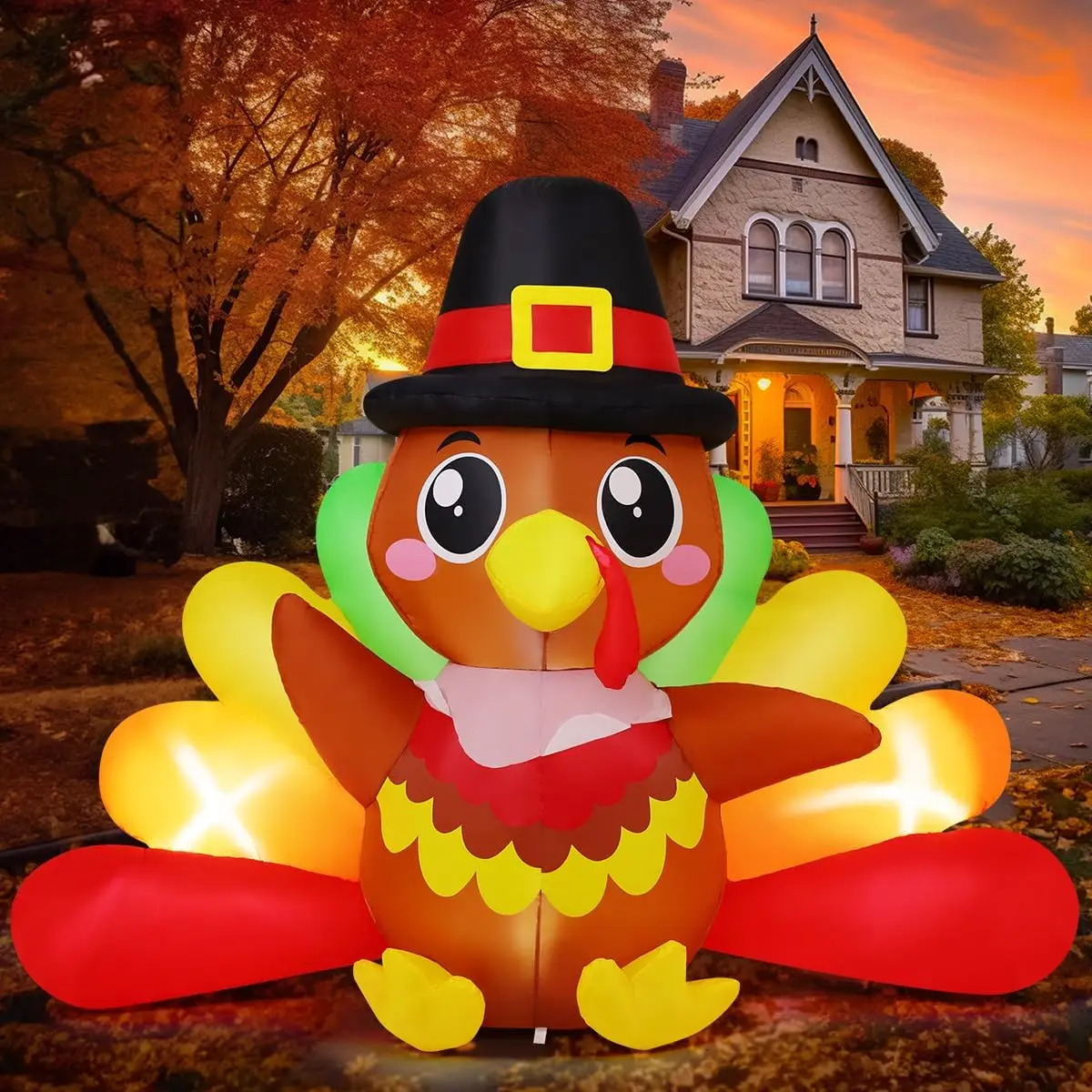 Thanksgiving Inflatable Baby Turkey Outdoor Decorations 7 FT Long with Big Colorful Tail And Pilgrim Hat Yard Decor for Holiday