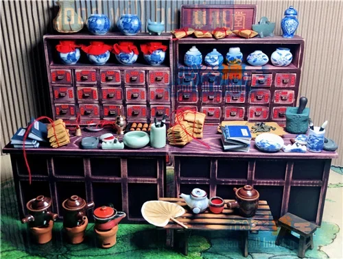 1:12 Doll House Wooden Chinese Medicine Cabinet Medicine Bag Abacus Abrasives Chinese Medicine Shop Miniature Scene Decoration