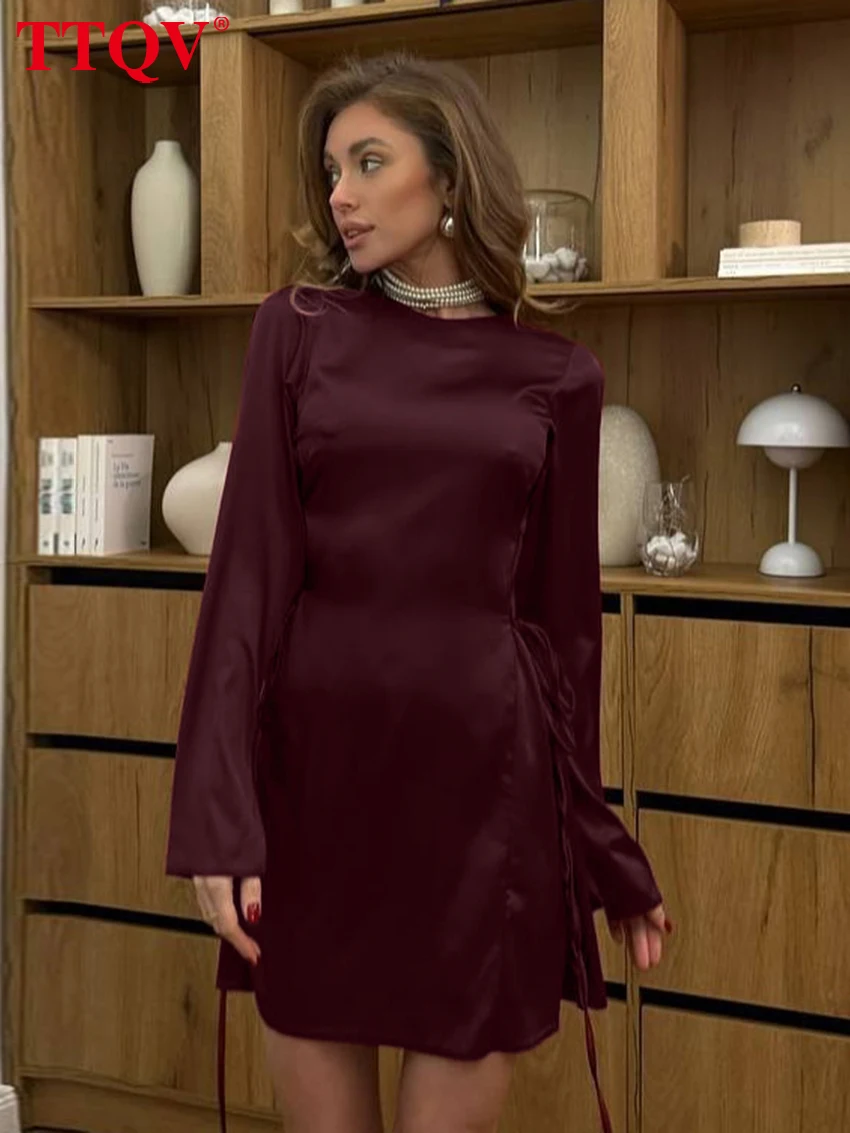 

TTQV Fashion Slim Black Satin Women's Dress 2026 Bodycon O-Neck Long Sleeve Mini Dresses Elegant Classic Solid Female Dress