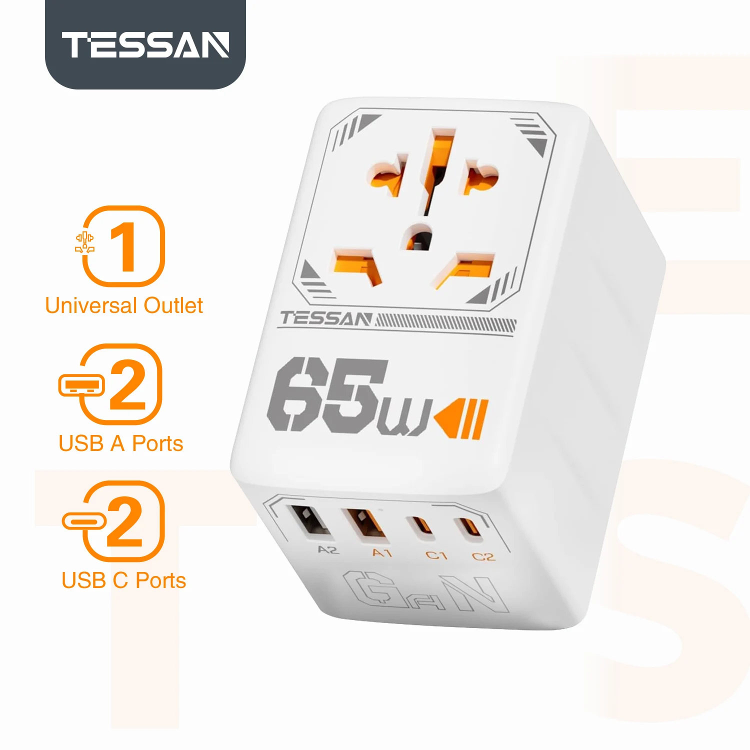 TESSAN 140 W 100 W 65 W 35 W internationale stekkeradapter GaN reisadapter met universeel stopcontact 1 USB A 3 Type C snellader voor EU/UK/USA/AUS