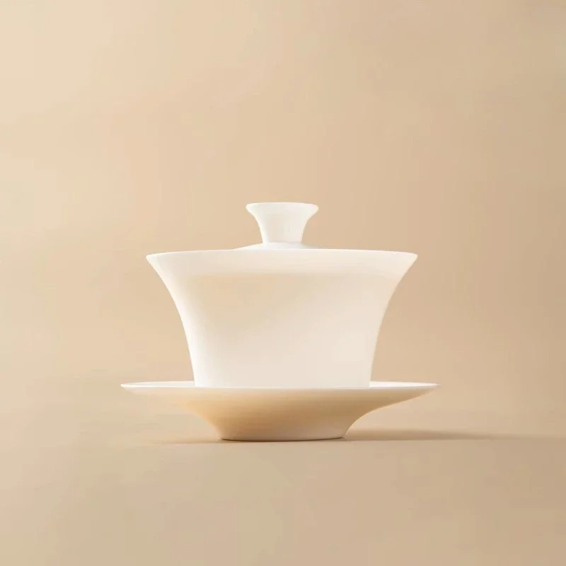 Chinese-style sheep fat jade porcelain ultra-thin three-sided covered bowl with gift box, Chinese-style festival gift box