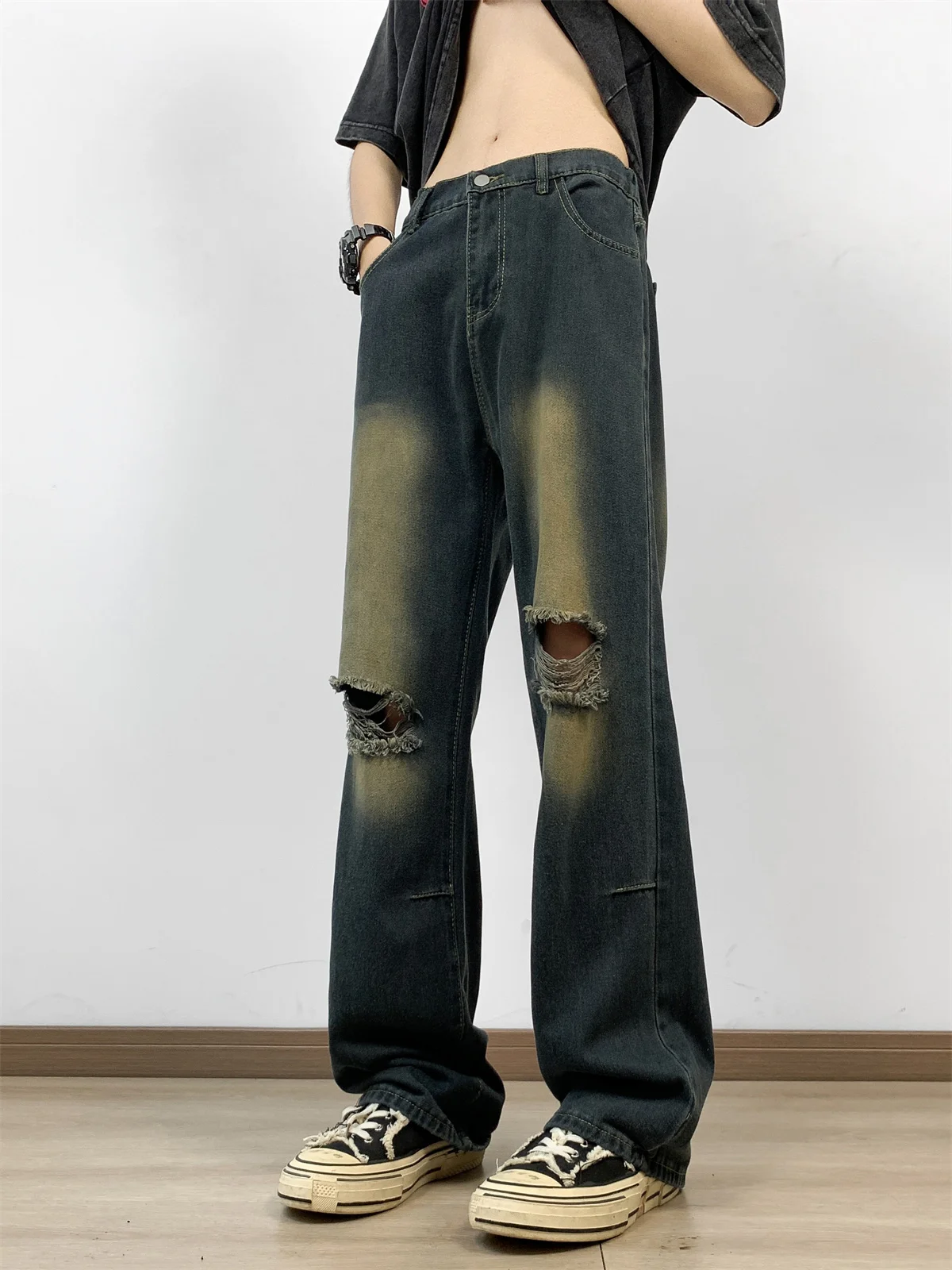 

Retro Hole Denim Jeans Men Summer American Street Style Washed Casual Straight Long Pants Trendy Loose Fit Straight Leg Jeans