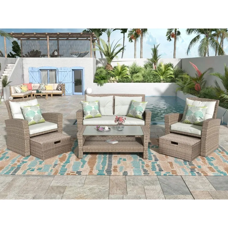 Rattan Mobiliário Pátio Set, All Weather Outdoor Seccional Sofá, Lounge com Footstool, Almofadas e Mesa de Vidro, Prateleira