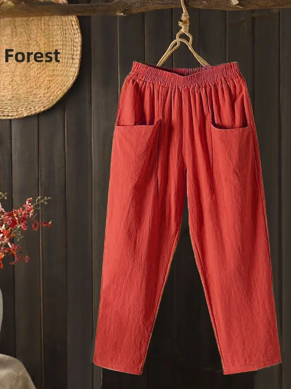 Cotton Linen Casual Pants Women's Thin New 2025 Loose Harlan Nine Points Pants Mom's Casual Trousers High Waist Elastic