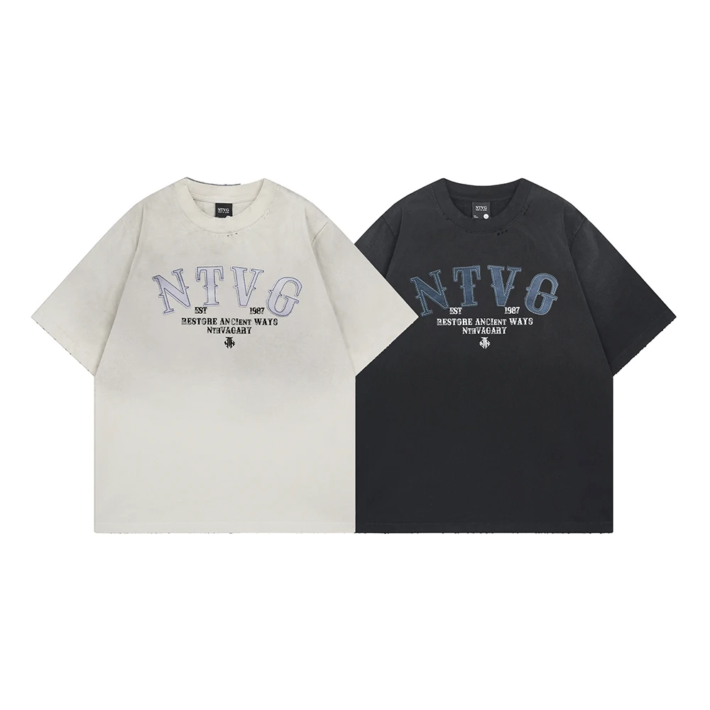 Letters Print Vintage Black T Shirts Ripped Washed Men's Clothing Harajuku Y2k Short Sleeve Tee Tops & T-shirt New Arrival Goods