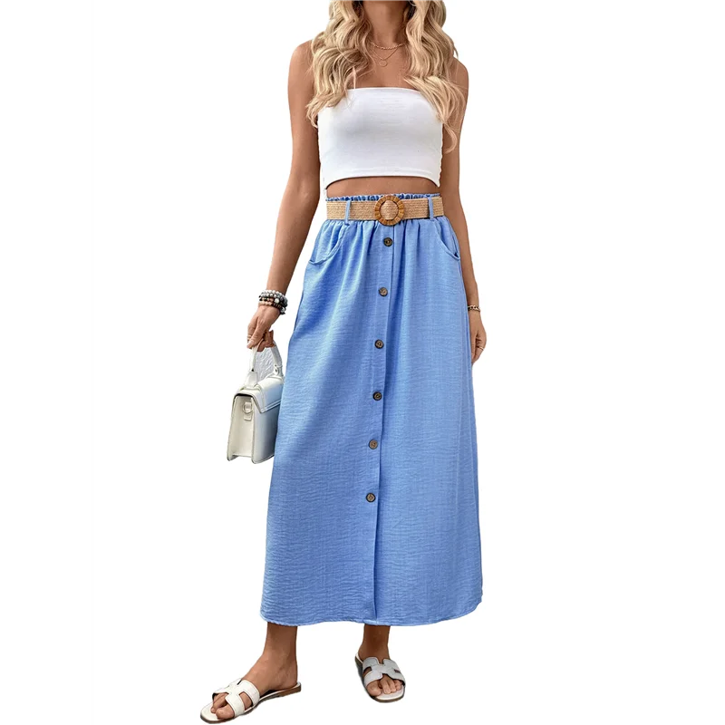 ABRT-Gonna da donna con bottoni a vita alta e cintura a trapezio con tasche