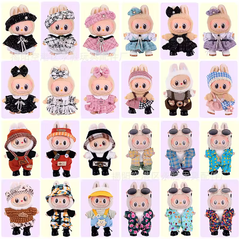 Clothes only first second and third generation Labubu clothes pendant, Labubu sitting baby clothes 8character plaid overalls set