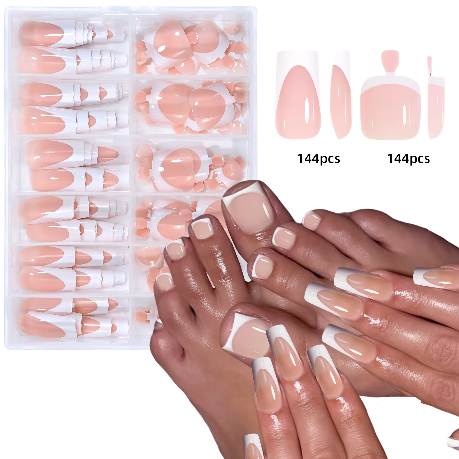 144-teiliges französisches Hand- und Fußnagel-Set, Sommer, kurze, quadratische, glänzende künstliche Zehennägel, Acryl, vollständige Abdeckung, geeignet für Nagelstudios – Detail 9
