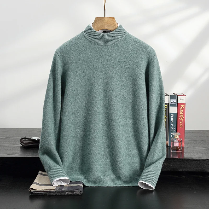 High-end quality cashmere sweaters for men semi-high-neck thick warm knitted sweaters solid-color casual shirts autumn winter