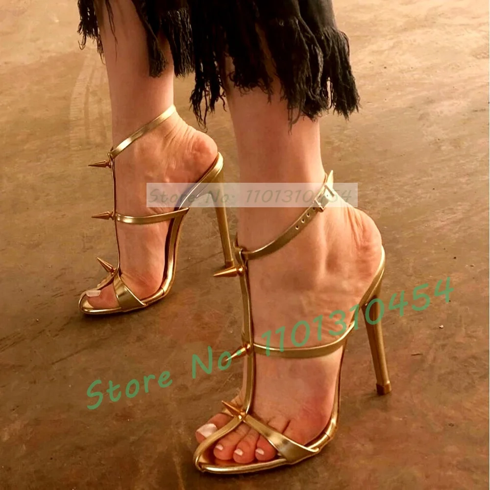 

Gold T-strap Women Sandals Metal Rivets Decor Stiletto High Heels Luxury Shoes Summer Open Round Toe Toe Strap Metallic Sandals