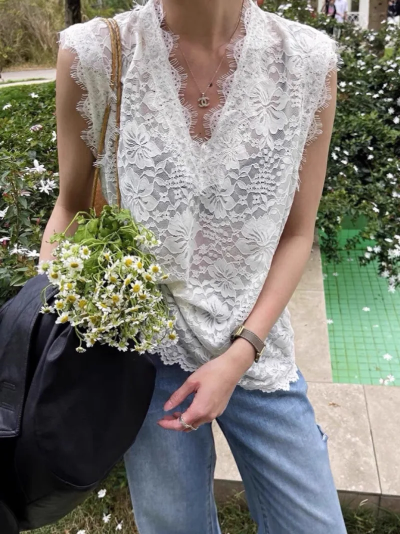 New Korean Fashion Summer Lace Vest Coat Women Casual Loose V-neck Sleeveless Pullover Outwear Office Lady Top