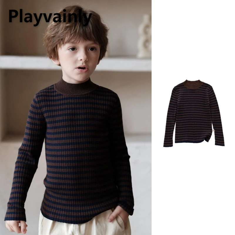 

Children Retro Pit Stripe Sweaters Boys Crewneck Long Sleeve Knitted Elasticity Pullover Tops Autumn Winter Warm Clothing W5292