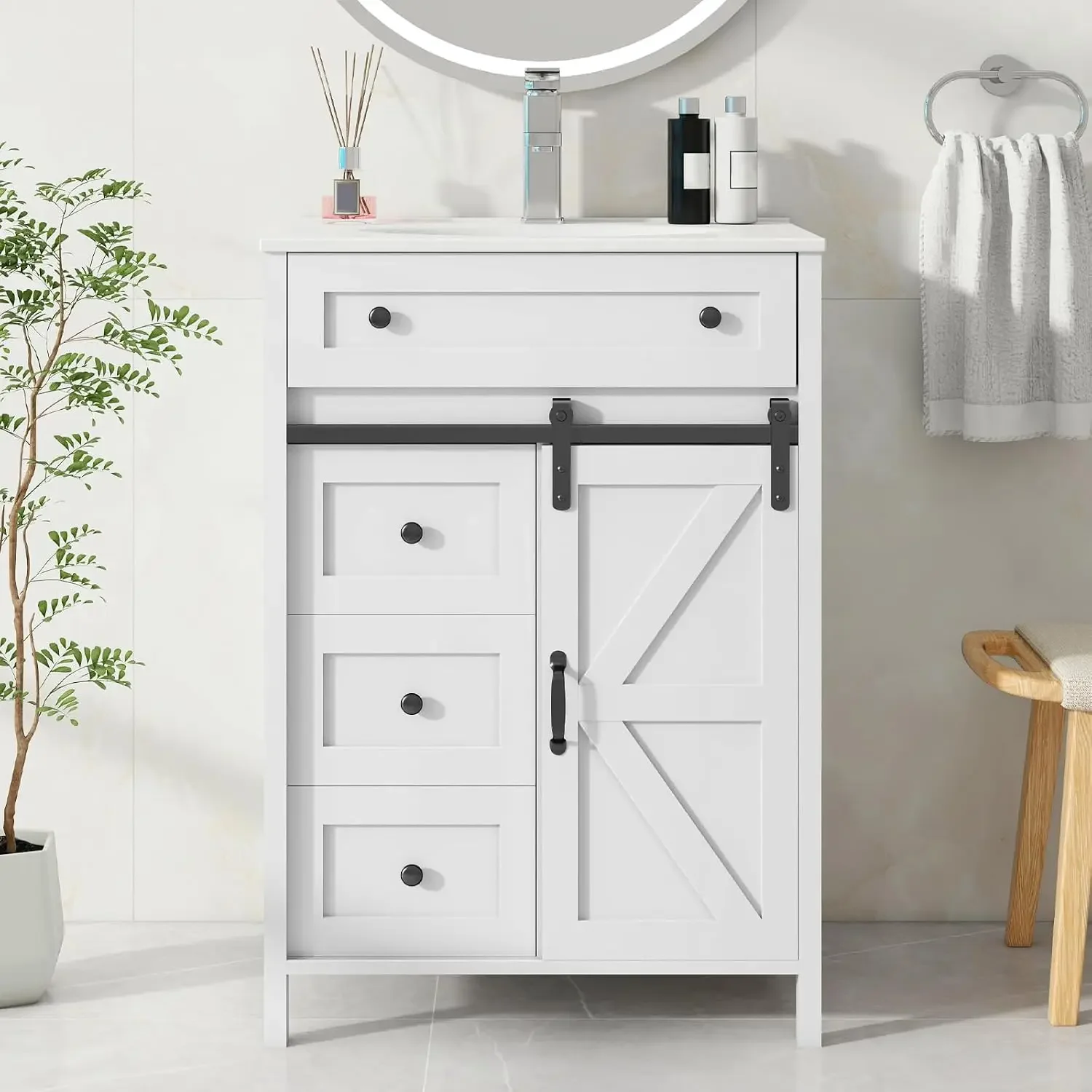 24 Inch Bathroom Vanity with Sink Combo and Sliding Door, Freestanding Bathroom Storage Cabinet with 4 Drawers, Vintage Vanity C