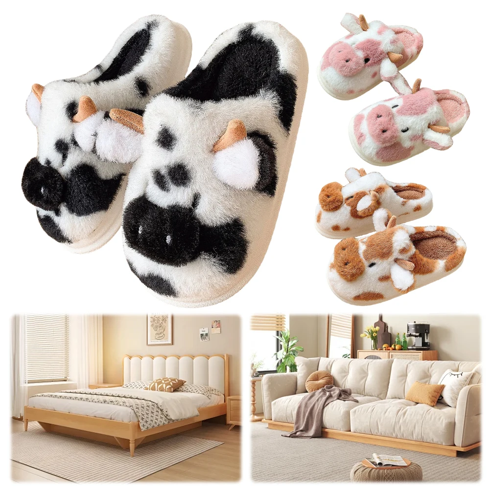 

Plush Cow Slippers Non-Skid Fluffy Milky Cow Slippers Comfy Cute House Slippers Warm Soft Cloud Slippers for Autumn Winter