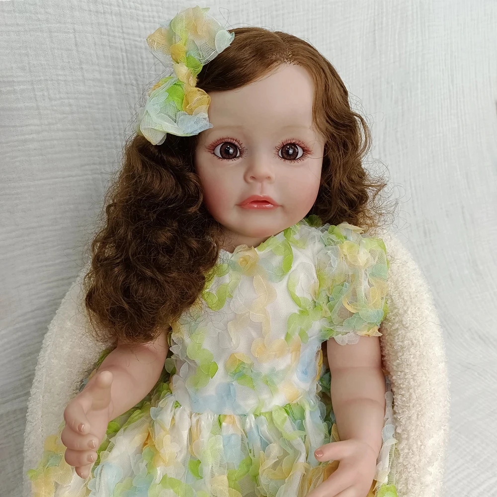 Rara boneca Rapunzel Reborn de vinil de 22" - cabelo loiro longo e encaracolado, olhos castanhos, vestido de princesa verde, poseável, caixa de presente e colecionadores