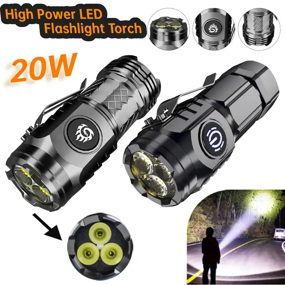 High Power LED Flashlight Torch 20W Ultra Powerful LED Flashlight USB Rechargeable LED Tactical Flashlights for Hiking Exploring