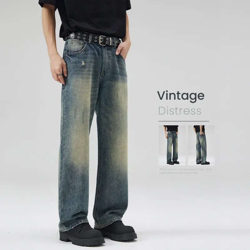 

Autumn Personality Fashion Men's Vintage Jeans Korean Straight Trousers Distress Streetwear Wide Baggy Denim Trousers