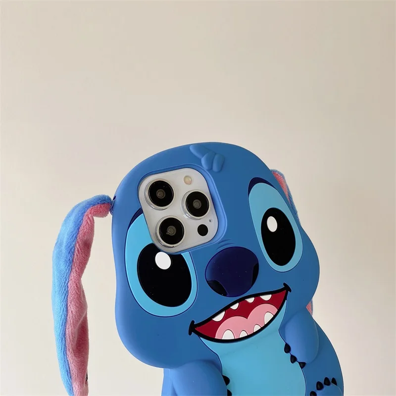 Bandai 3D Silicone Cartoon Phone Case Stitch For iPhone 14 13 12 11 15 16Pro Max Fluffy Fur Plush Ear Stitch Cover Men Kids Gift