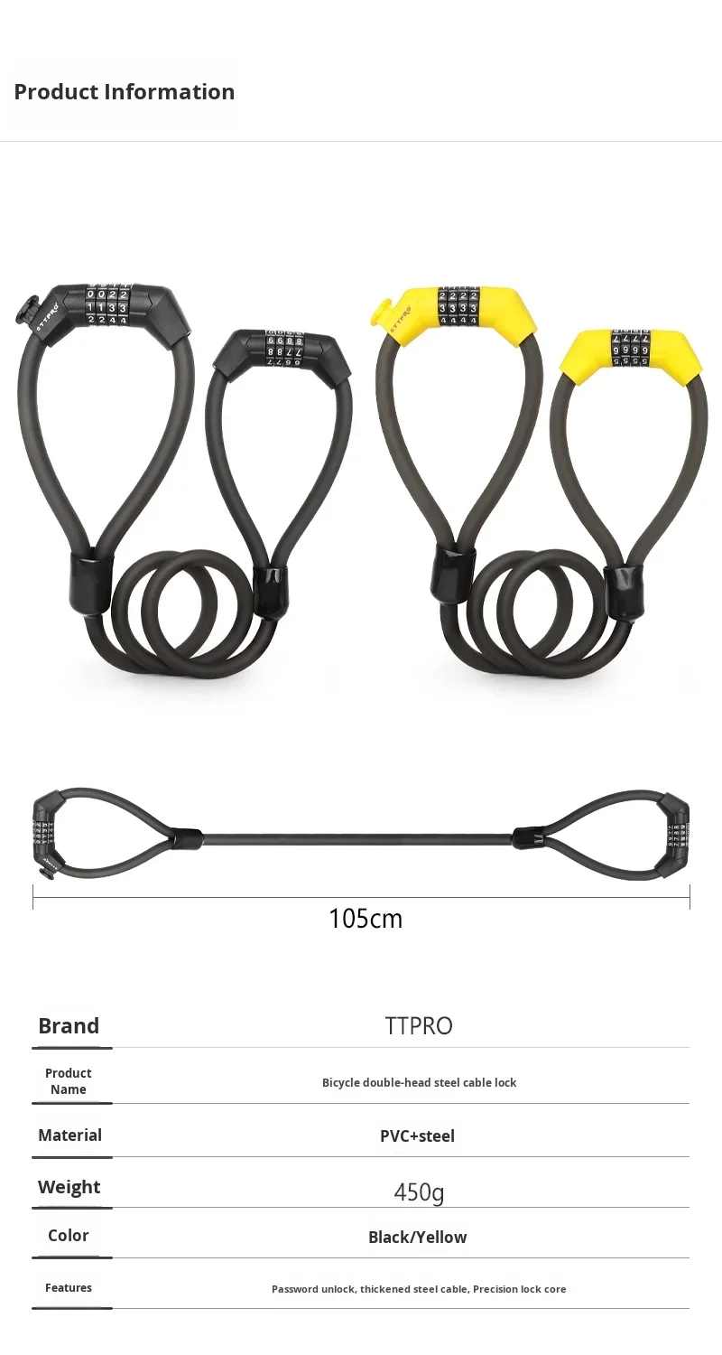 TTPRO 10mm Fahrradschloss aus gehärtetem Stahlkabel | Elektrische Anti-Bolzen-Schere mit Doppelkopf-Passwortschloss – Detail 3
