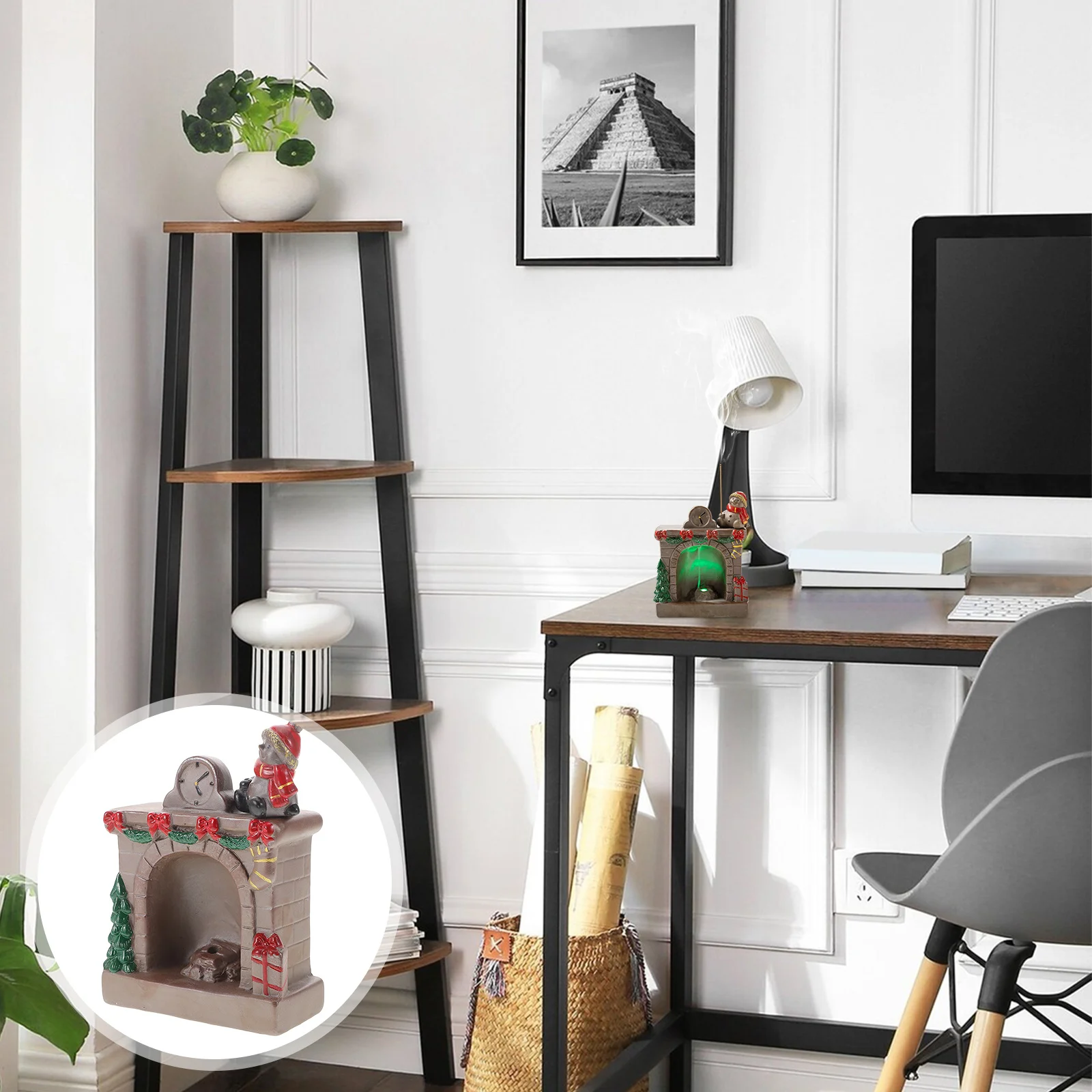 

Realistic Mini Fireplace Incense Burner Christmas Ceramic Backflow Waterfall Decor Holiday Home Scene Tabletop Mantel Ornament