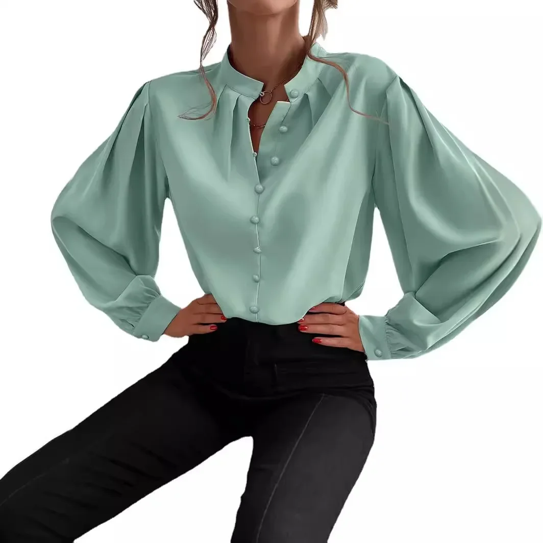 Camicia da donna primavera estate tinta unita manica lunga bottone o collo moda casual comoda camicia vestibilità standard regolare camicetta