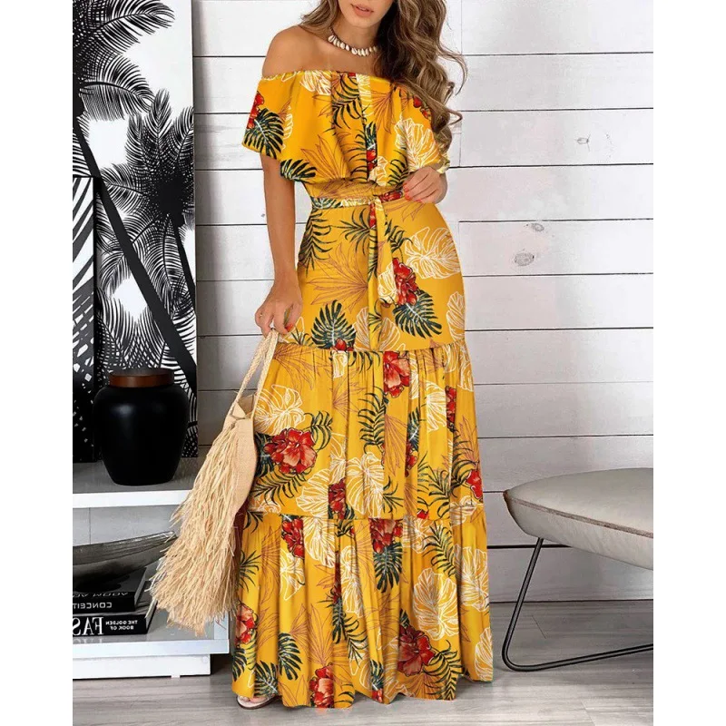 2023 Aliexpress wish Independent station burst summer ruffled strapless strapless print long dress female