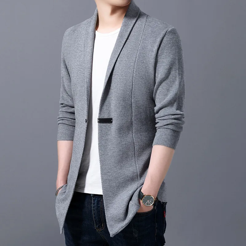 

spring autumn men's high-end brand business casual solid color slim mid-length cardigan jacket sweater Men knitted trench coats