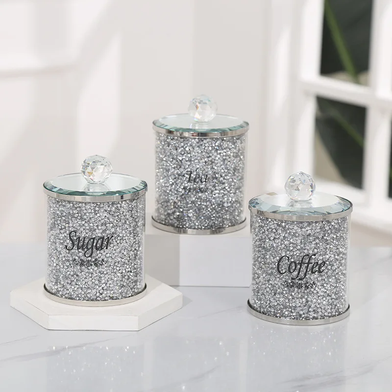 

Glass kitchen Canister Sets with Crushed Crystal Diamonds Coffee Sugar Tea Container Jar with Lid Decorative Glass Food Storage