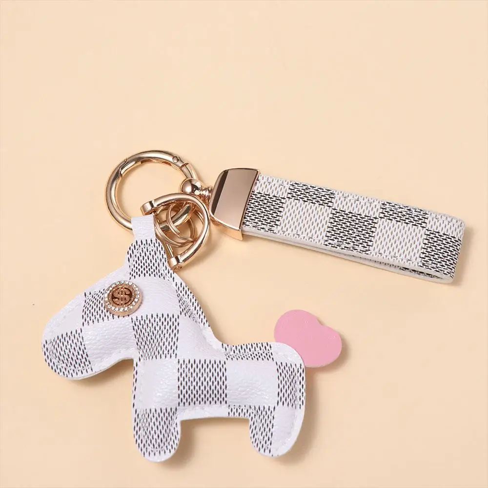 

Cute Animal Horse Shape Keychain Rhinestone Leather Strap Car Key Ring Plaid Pattern Handmade Bag Pendant Decoration Ornament