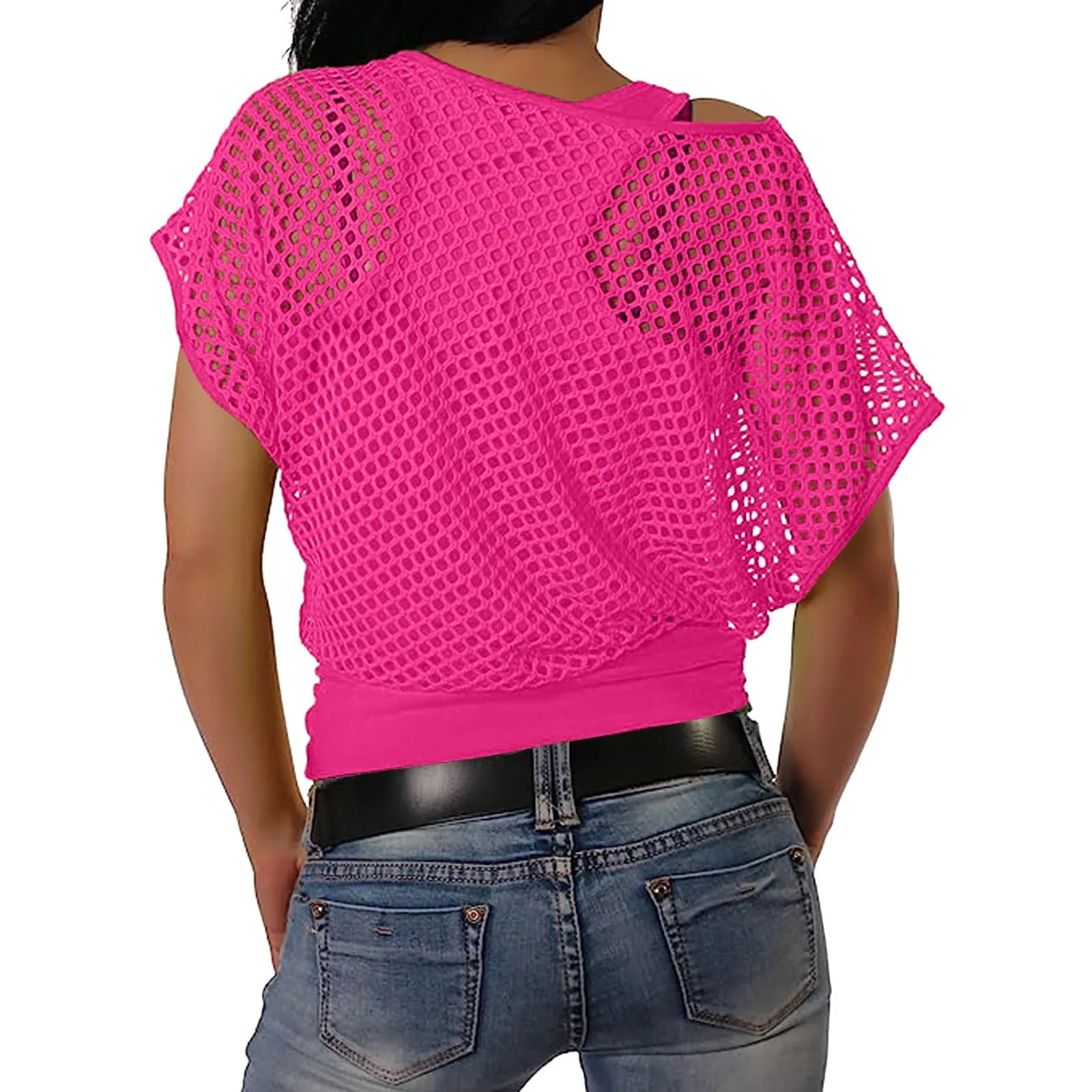 Womens 80s T Shirts Vintage Neon Fishnet Mesh Top Off Shoulder Tops For Women Party Ball Short Sleeve Two Piece T Shirt Hot Pink