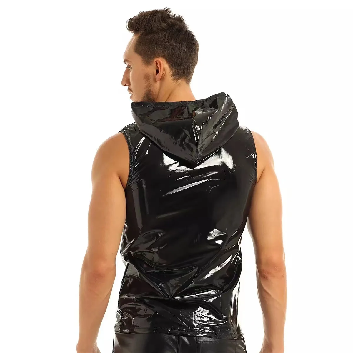 S-7XL Grote Maat Heren Glanzend Pvc-Lederen Hoodies Shirts Mouwloos Wetlook Latex Tanktops Met Capuchon Leren Vest T-Shirt Met Volledige Rits