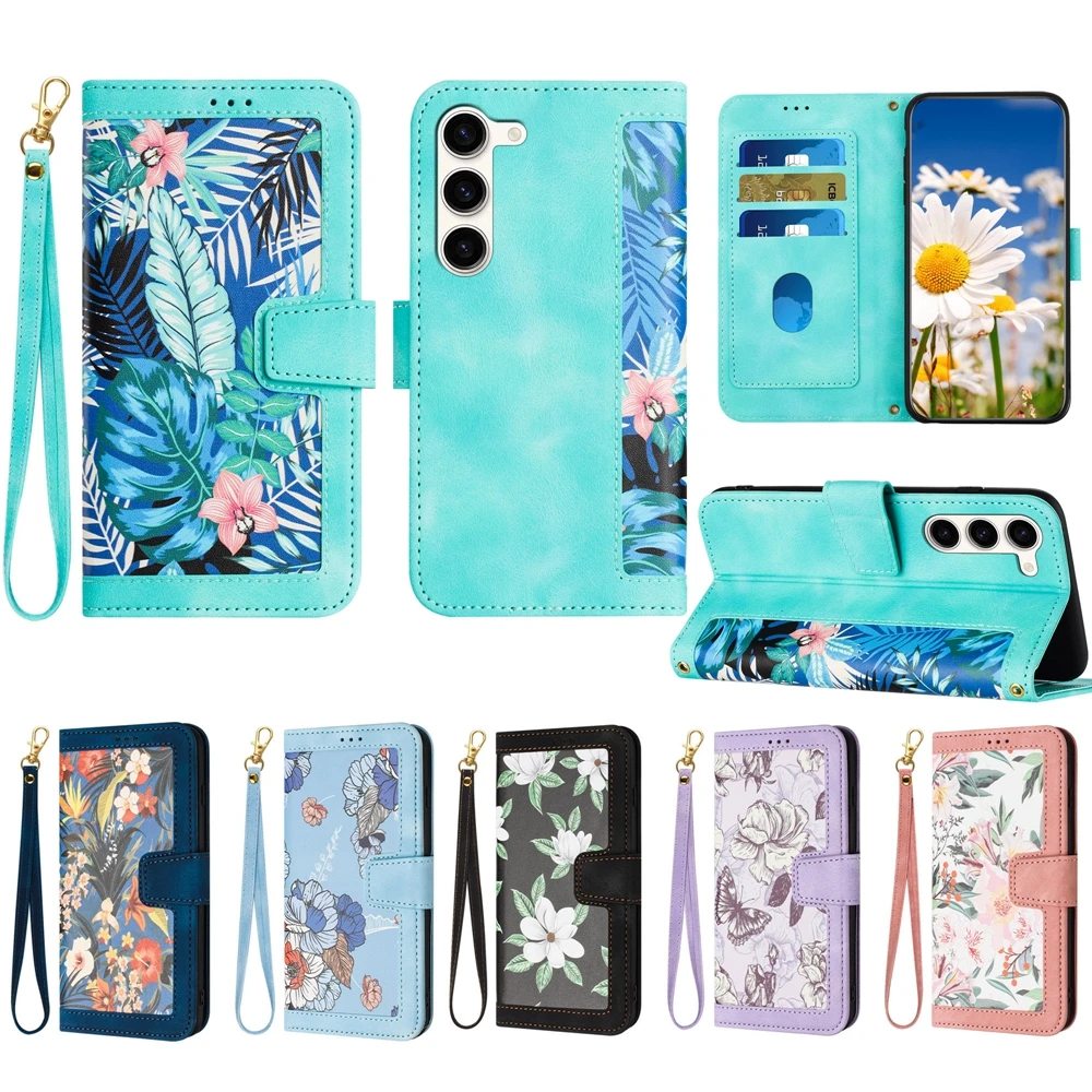 S23 Wallet Phone Case for Funda Samsung Galaxy S23 Ultra S22 Plus S21 S20 FE Cases Plant Flowers Leather Flip Back Cover Lanyard