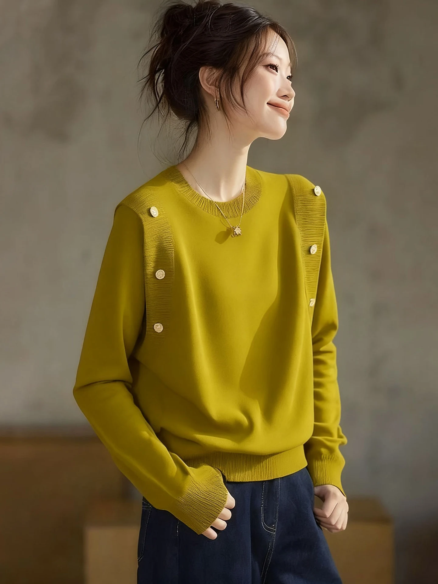 Lässiger gestrickter langer Sve-Pullover mit rundem Ne-Motiv, faionable Winter 2025, Damen-Oberbekleidung, lockere Passform, Farbe, Pendeln