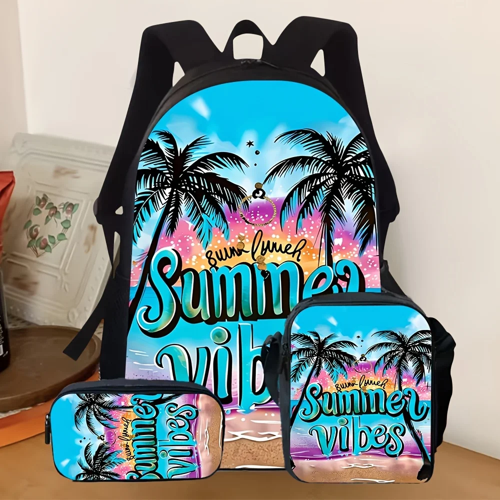 

3pcs [2D Flat] Backpack Set, Summer Vibes Palm Tree Beach Graphic School Bag with Crossbody Bag & Pencil Case Daily Travel, 2D F