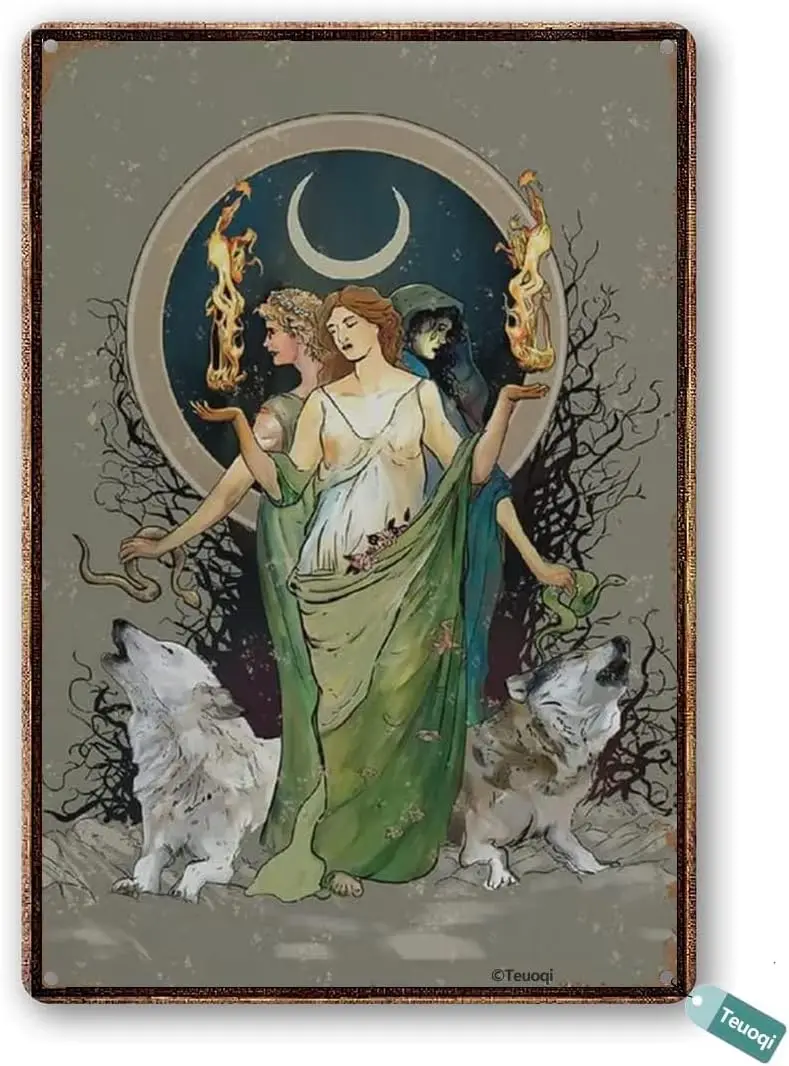 Vintage Moon Goddess Hecate Painted Wiccan Tapestry Hecate Witchy Painted Print Sign Plaque Bar Pub Vintage Group Porch 8x12 Tin