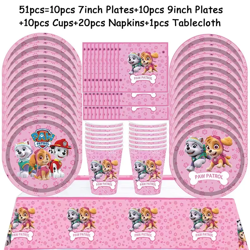 Paw Patrol Birthday Party Decoration Girls Pink Sky Paper Cups Plates Tableware Balloons Supplies For Kids Baby Shower Favors