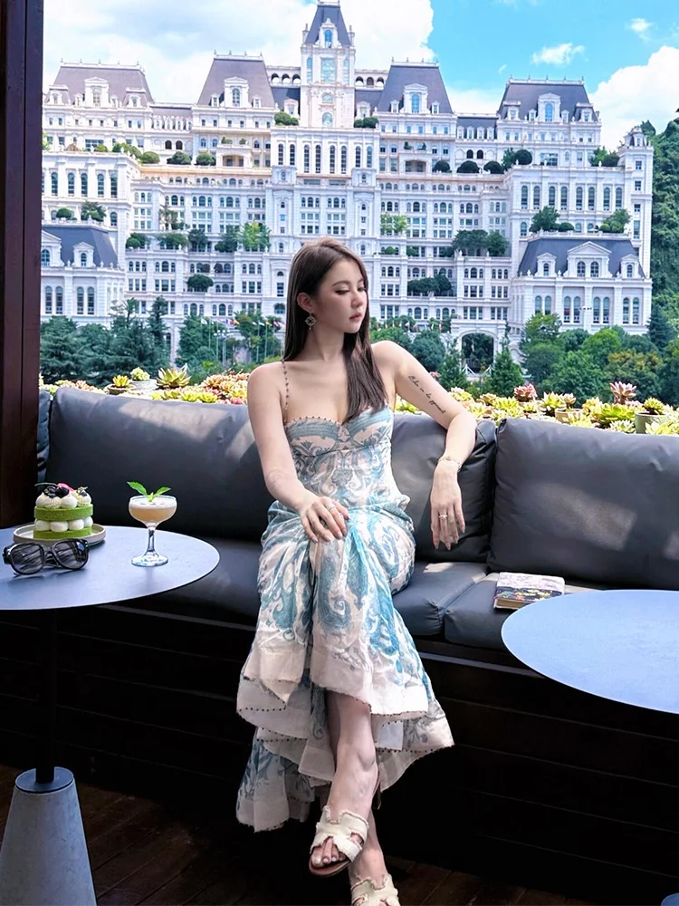 

Elegant Strapless Printed Long Dress Slimming Waist Birthday Party Gown Resort Style Women's Dress Midweight Polyester