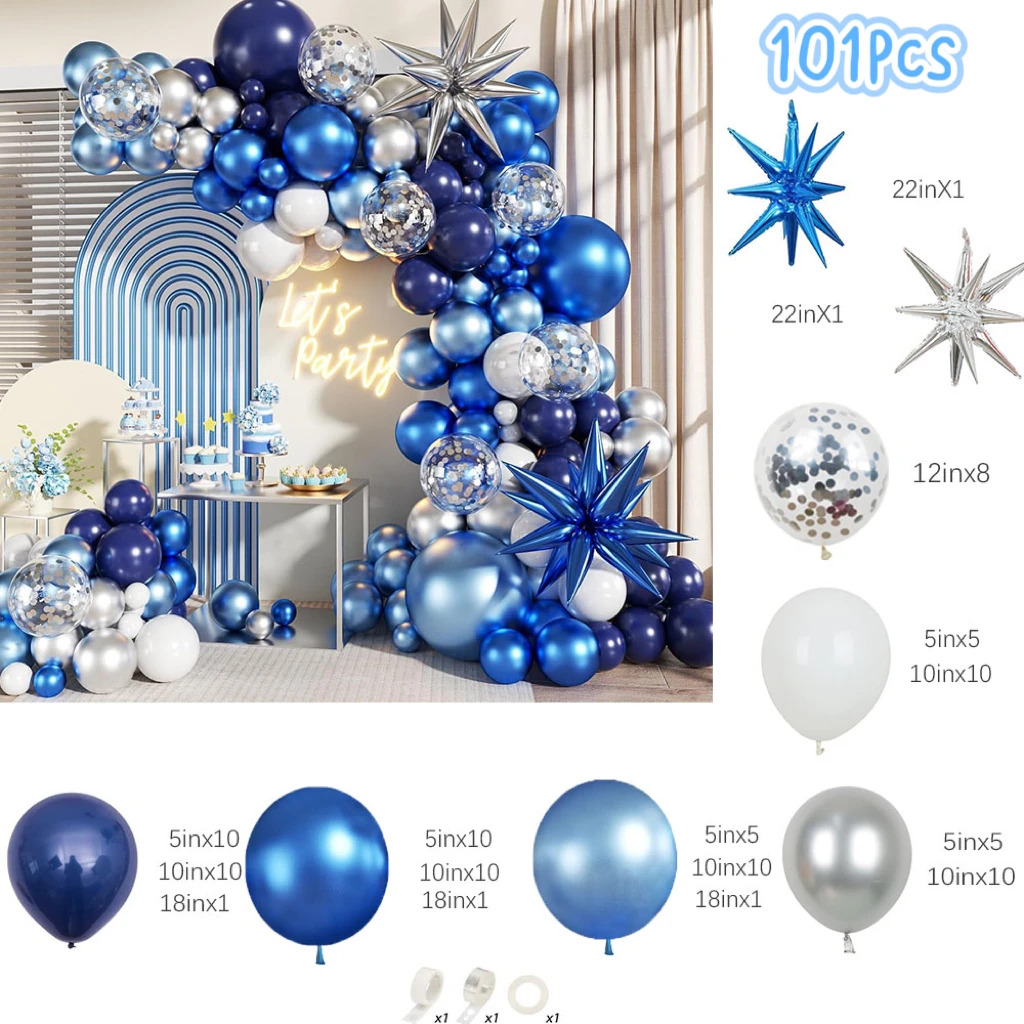 101Pcs Navy Blue Metallic Silver Blue Balloons Garland Arch Kit with Stars for Graduation Wedding Birthday Party Decorations