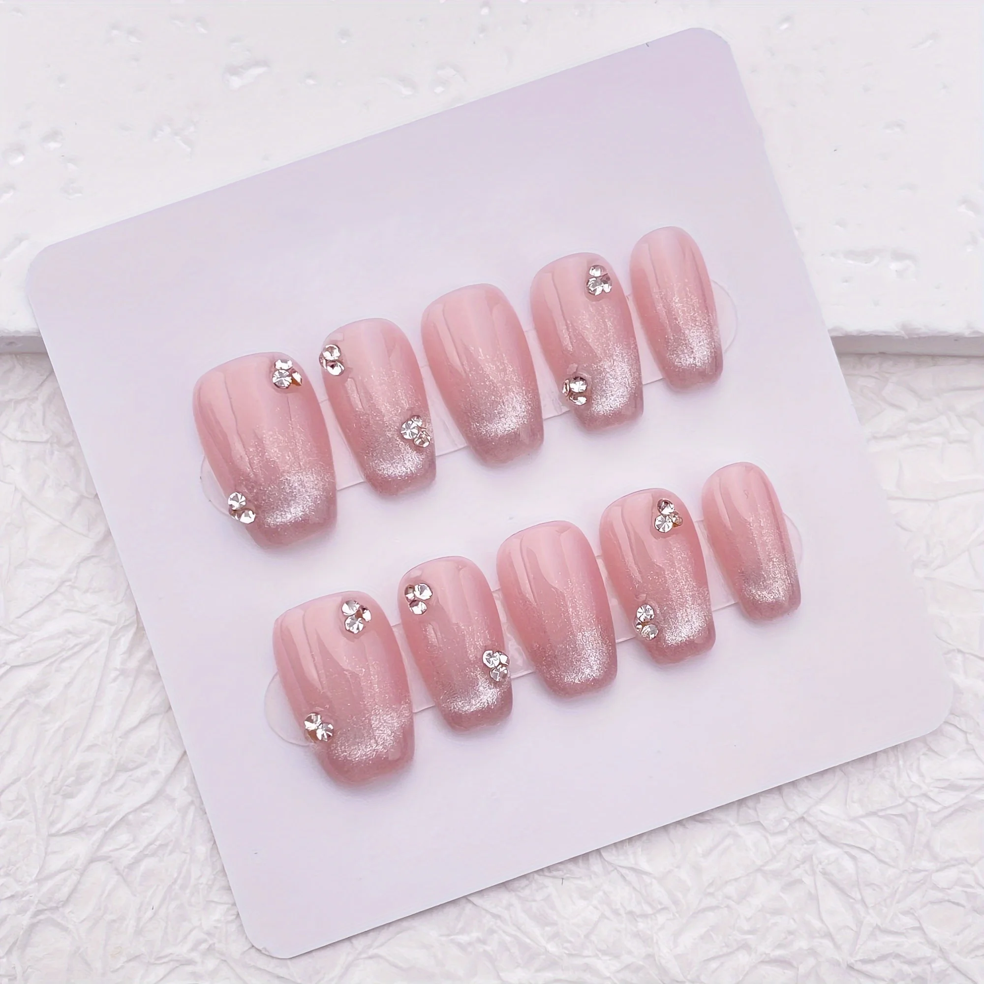 10pcs Handmade Press On Nails,Cat Eye Light Pink Glossy Short Press on Nails/Rhinestones Glitter Short Nila/Handmade Faux Trendy
