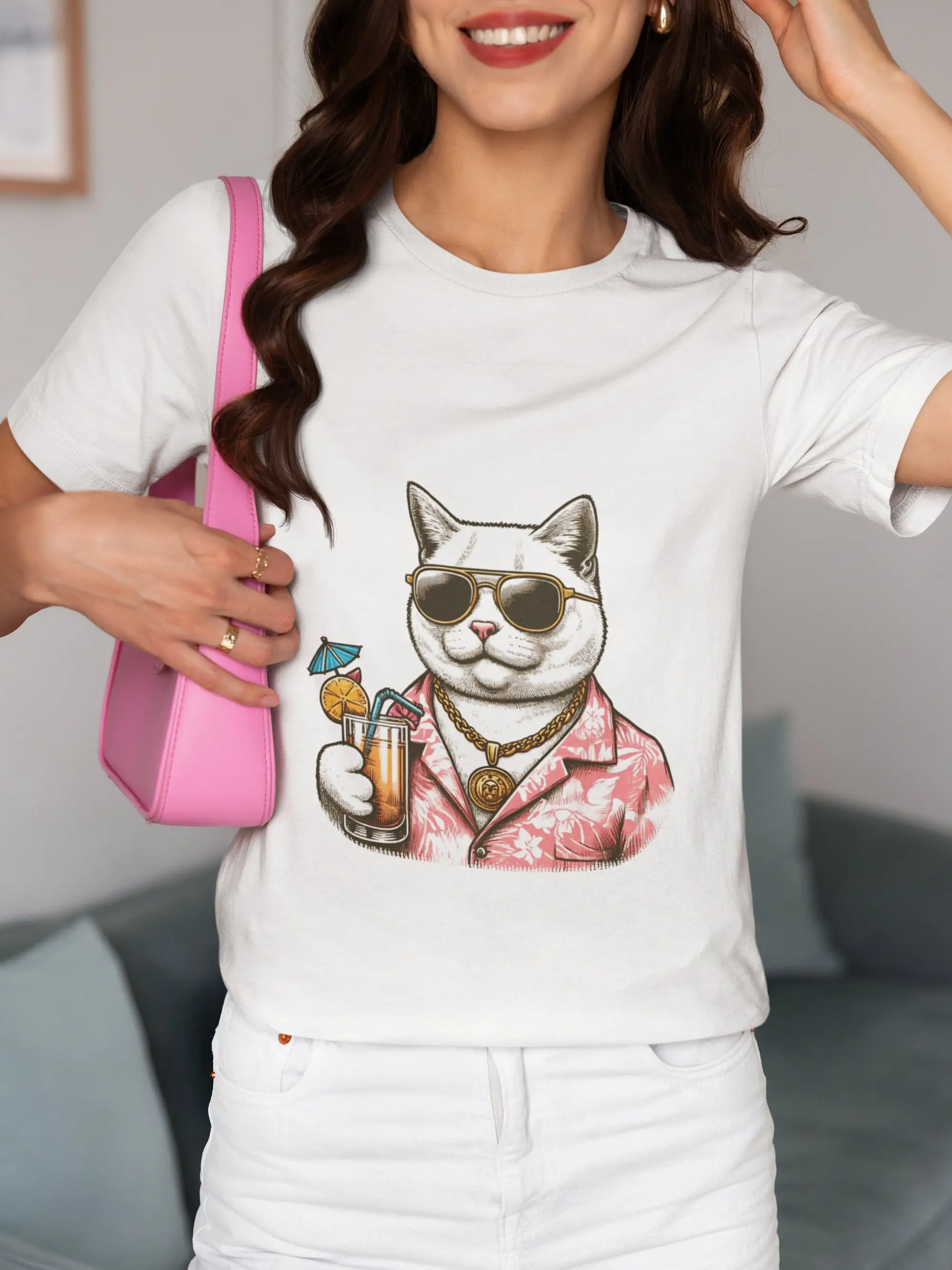 Chic Cool Cat with Sunglasses Floral T Shirt Tropical Summer Vibes Casual Beach Party Wear Hip Lover