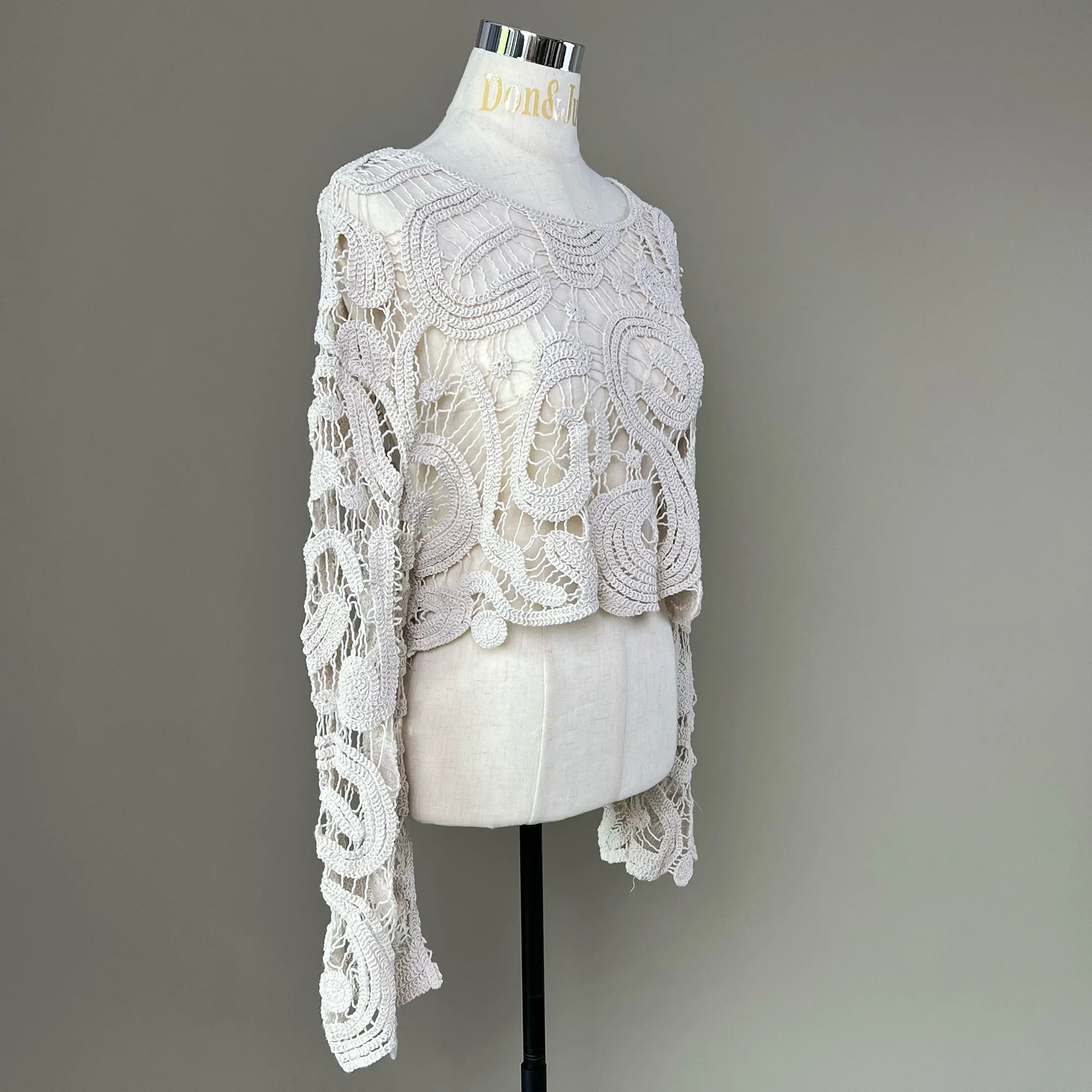 

Don&Judy Open Knit Hollow Out Blouse Sexy Boho Style Sheer Crochet V-Neck Crop Top with Long Bell Sleeves for Beach Photoshoot