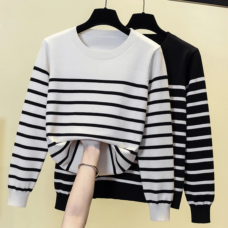 

2023 Brand New Autumn Winter Womens Sweaters Bottoms Ladys Women Sweater Long-Sleeved O-Neck Striped Knit Pullover Large Size