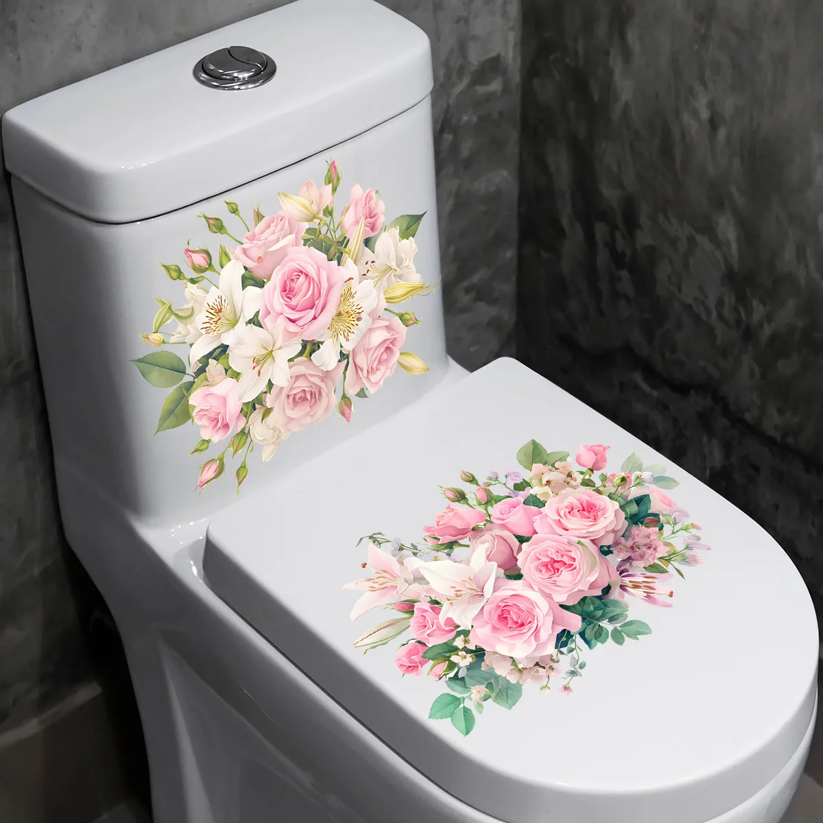 2 Stück florale Toilettenaufkleber, um einen romantischen Berührung zu Ihrem Badezimmer-Wandaufkleber hinzuzufügen, Vinyl-Aufkleber für Heimdekorationen, wasserfest
