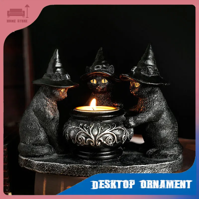 

Halloween Candle Holder with Witch Hat Cat Ornament Cauldron Tealight Figurine Tabletop Decor for Home Party Bar Home Decoration
