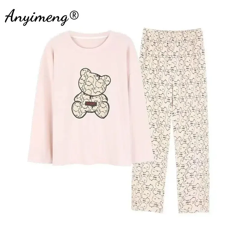 Conjunto de pijamas nuevos de otoño y primavera para mujer, ropa de dormir de manga larga con cuello redondo, ropa de dormir informal Kawaii