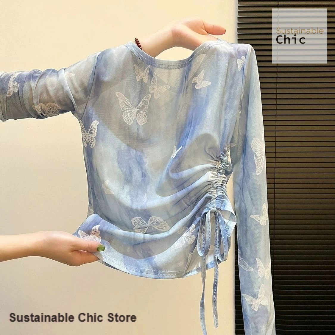 

Korean-style blouse strap design sense long-sleeved mesh top women's spring and summer thin tie-dyed butterfly print T-shirt