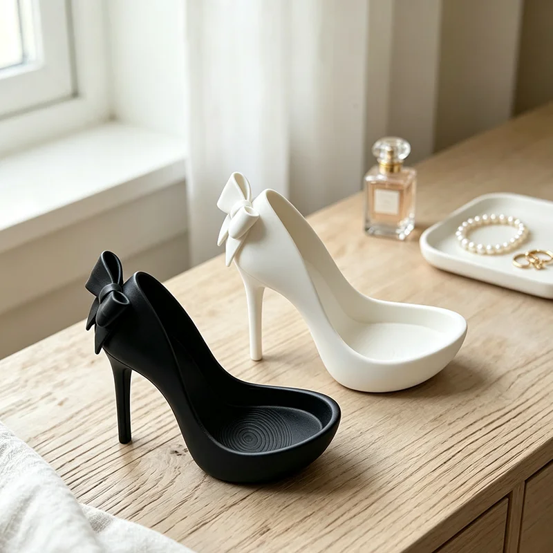 Bow High‑Heel Shoe Trinket Dish 3D Printed Jewelry Storage Tray Desktop Figurine Ring Necklace Organizer Vanity Tabletop