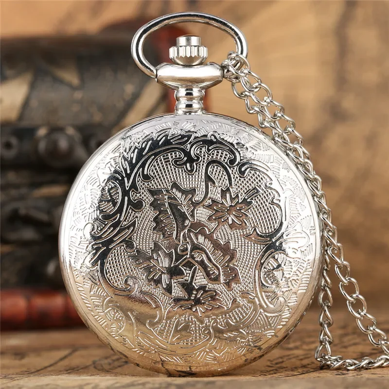 Steampunk Silver Hollow Out Spider Animal Cover Half Hunter Quartz Analog Pocket Watch Necklace Chain Animal Clock To Kid Reloj