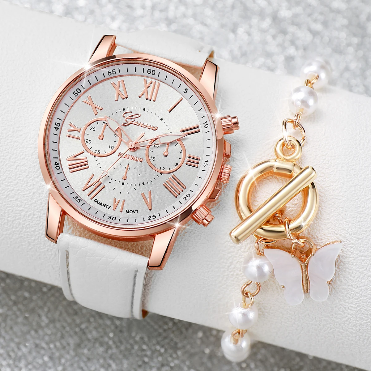 2PC/Set Women\'s Watch Fashion Leather Band Analog Quartz Watches Pearls Butterfly Bracelet Set